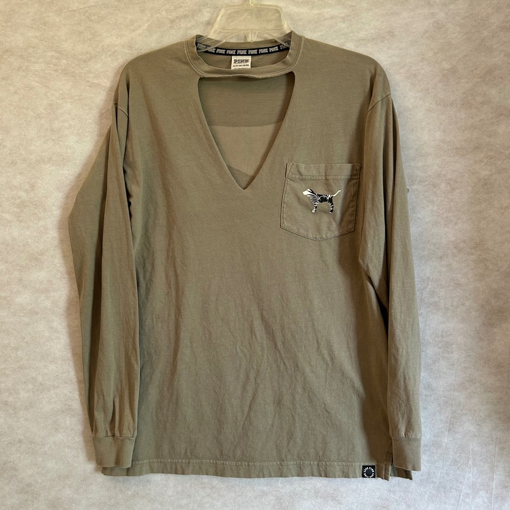 Victoria's Secret PINK Long Sleeve Cutout V-Neck Pocket Tee Olive Green XS